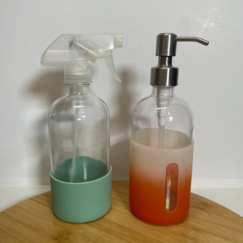 Grove Co Glass Silicone Sleeve Spray Bottle Pump Top Blue Orange Ombre Cleaning